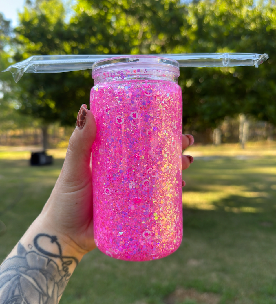 Pink Glitter 16 oz Snowglobe Tumbler w/ Straw