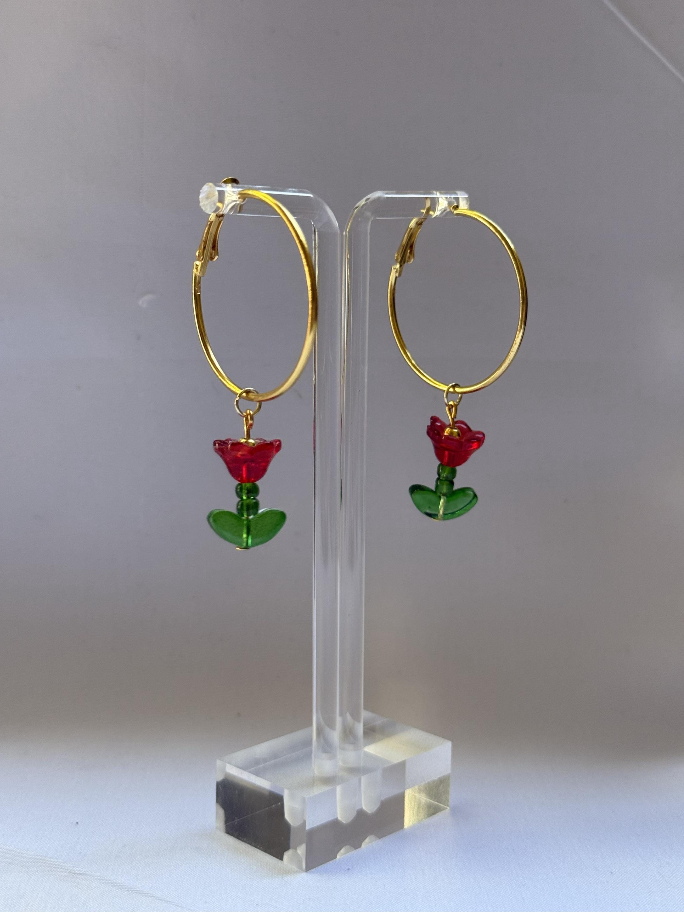 Red Floral Hoop Earrings