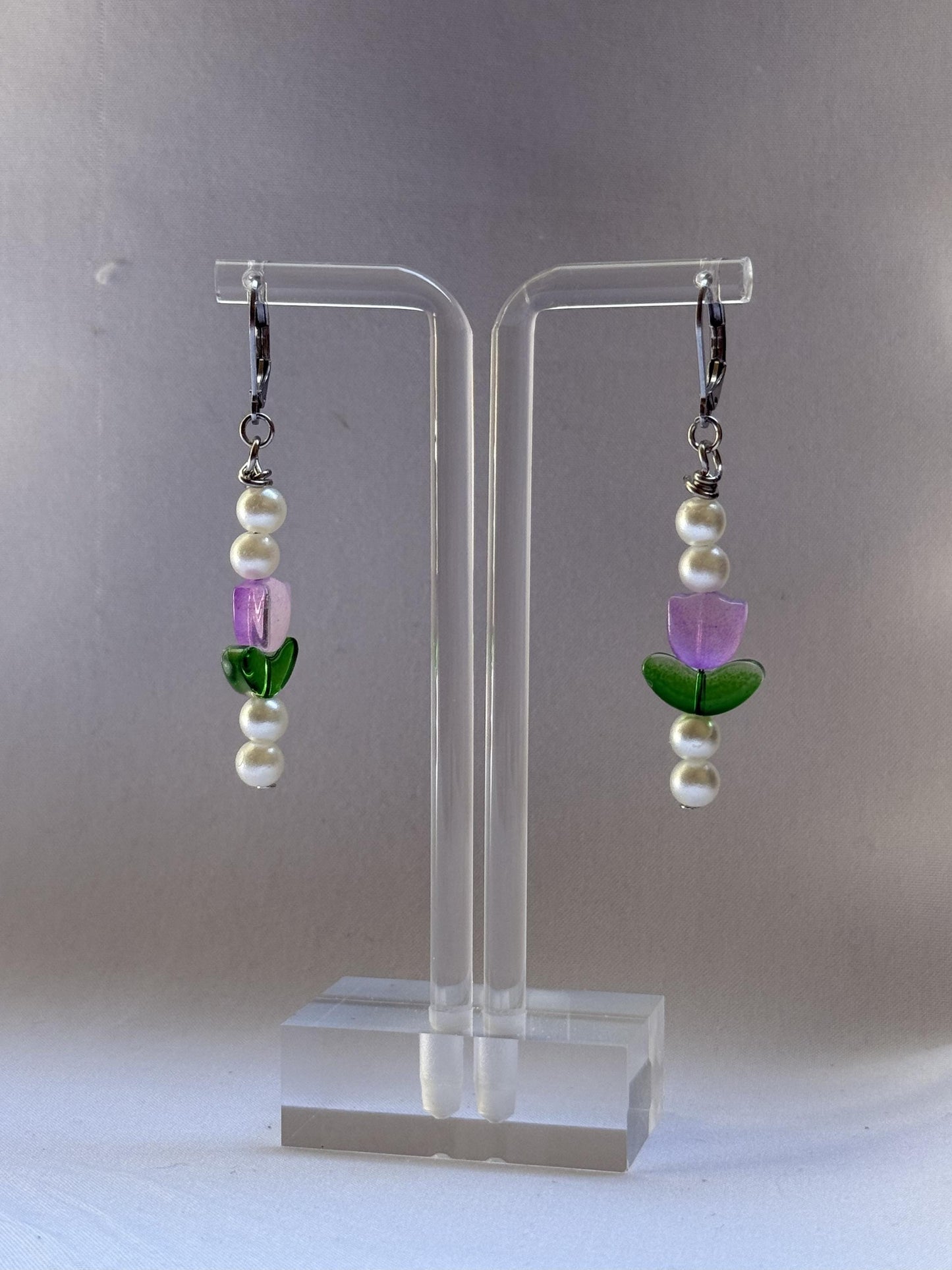 Purple Tulip & Pearl Earrings