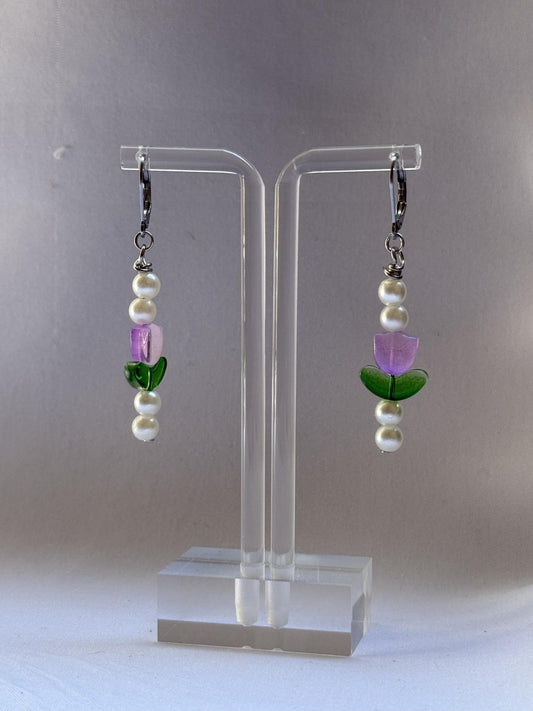 Purple Tulip & Pearl Earrings