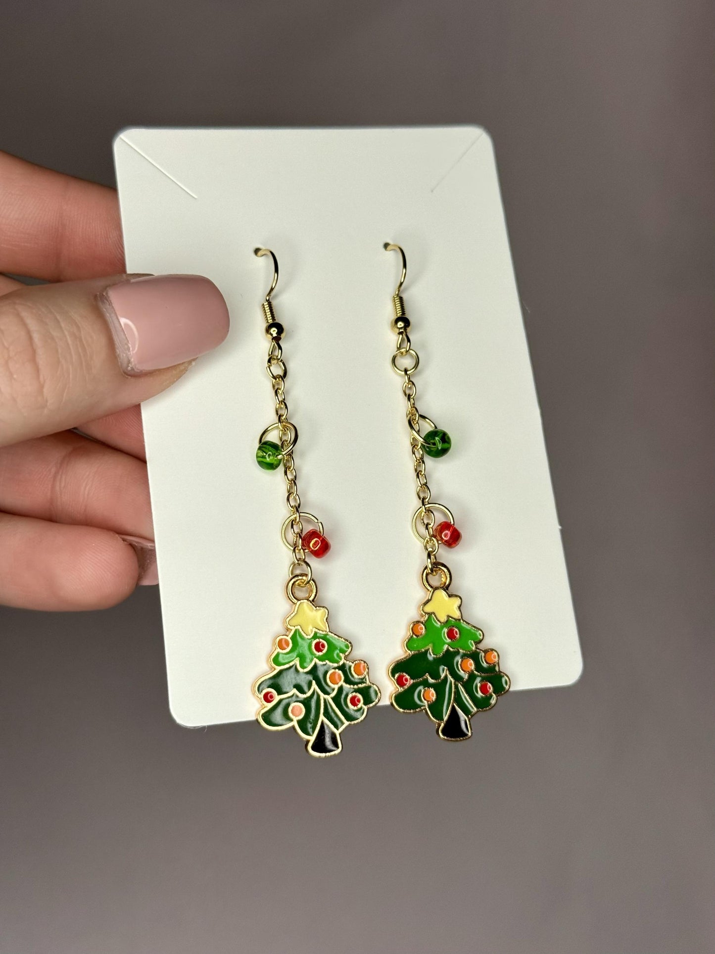 Holiday Cheer Earrings – Green Trees with Colorful Ornaments
