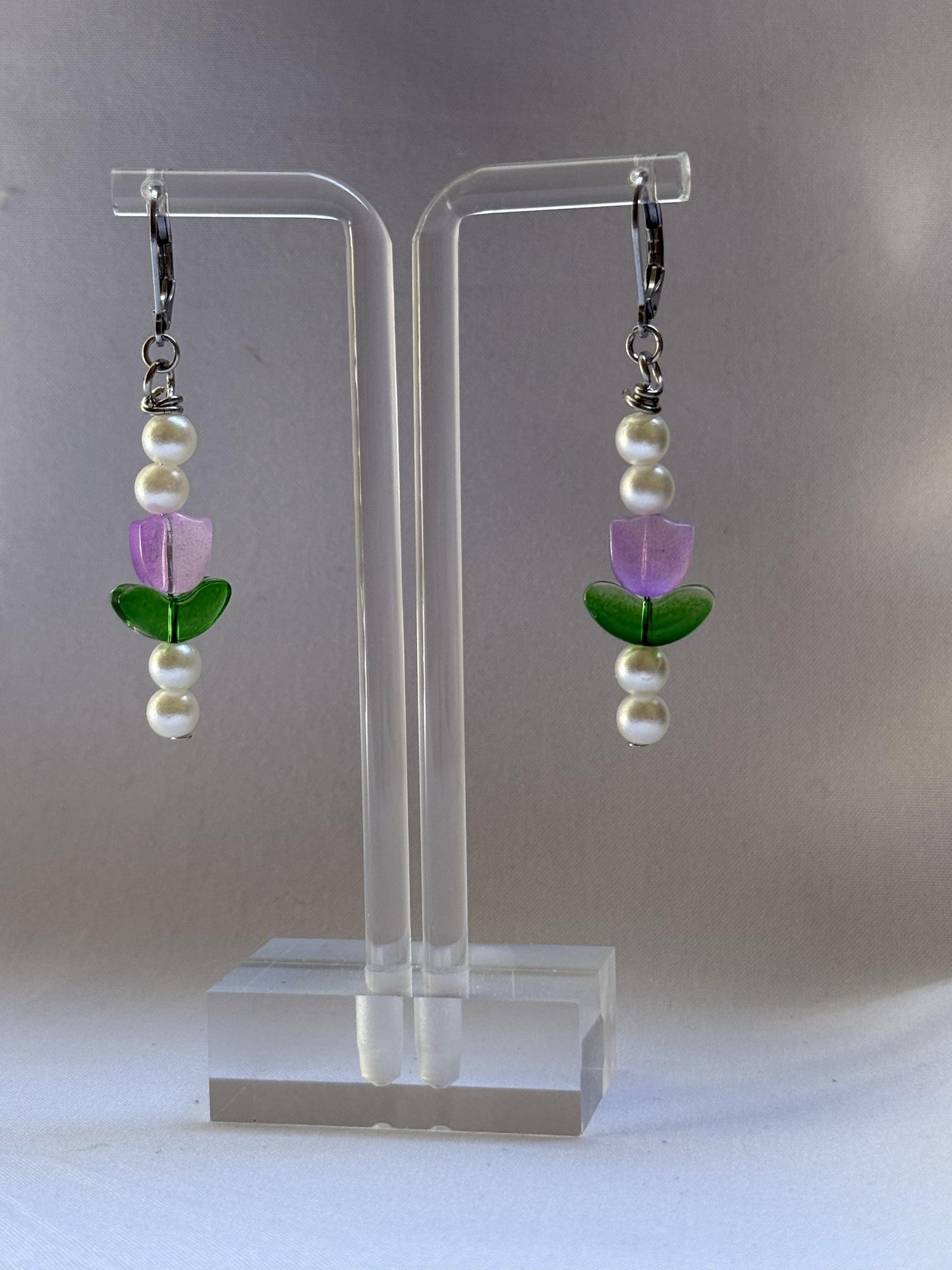 Purple Tulip & Pearl Earrings