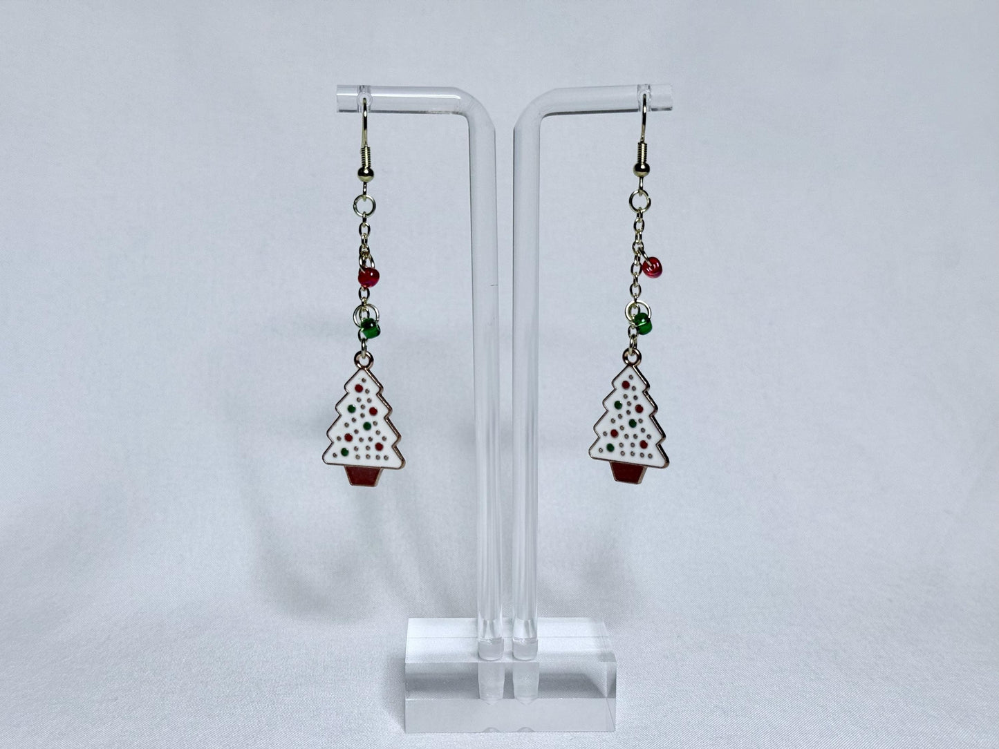 White Christmas Tree Dangly Earrings : Holiday Earrings
