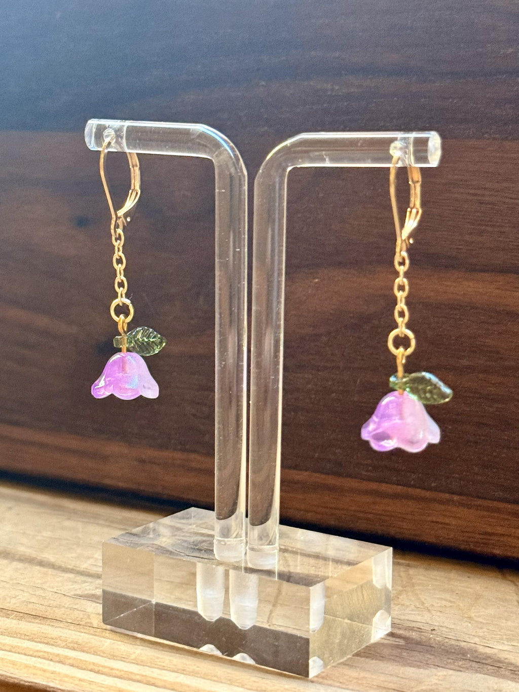Botanical Drop Earrings – Delicate Floral Dangles with Gold Hooks & Green Leaf Detail
