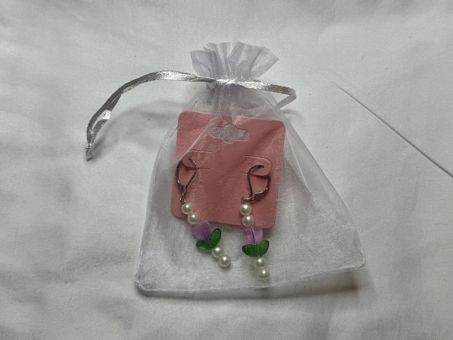Purple Tulip & Pearl Earrings
