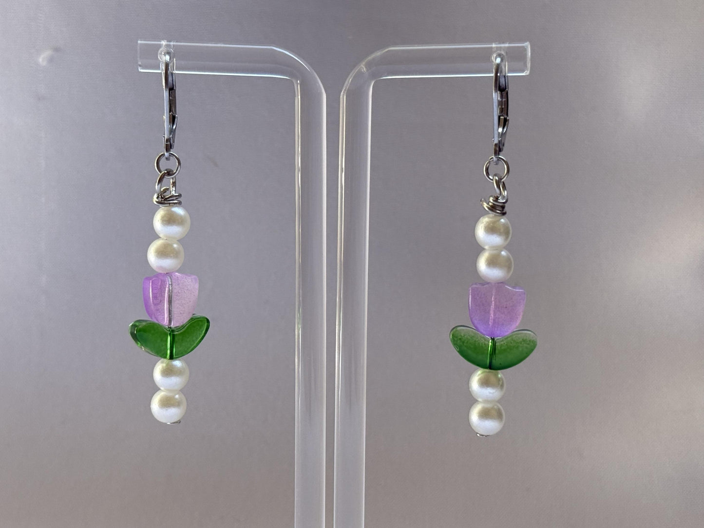 Purple Tulip & Pearl Earrings