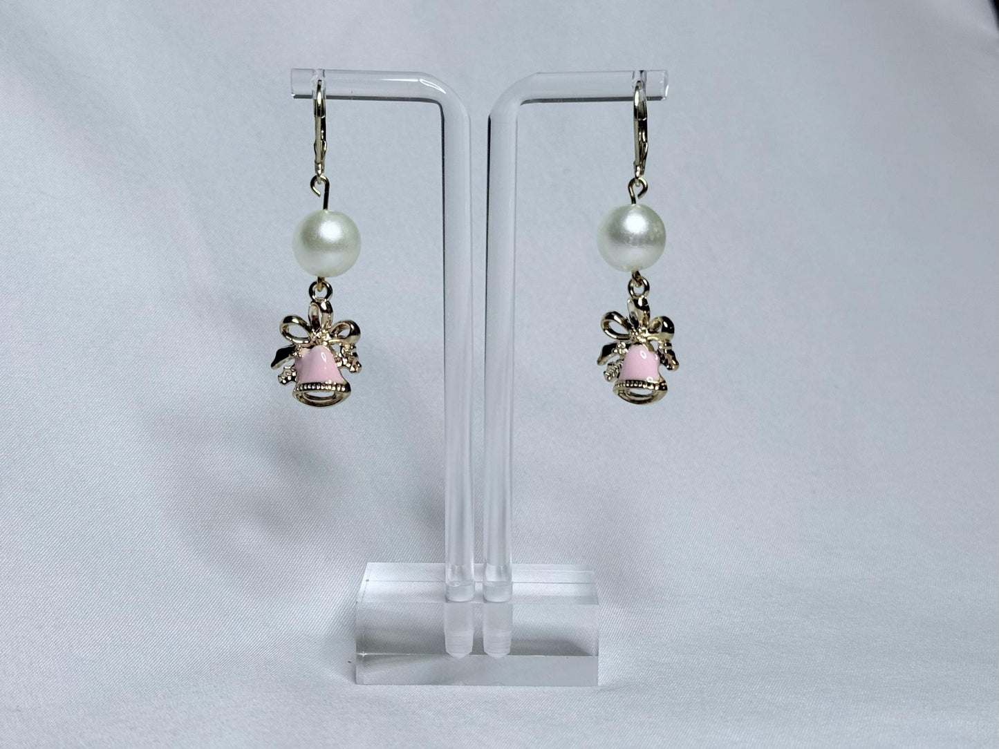 Pink & Pearl Bell Dangly Earrings : Holiday Earrings