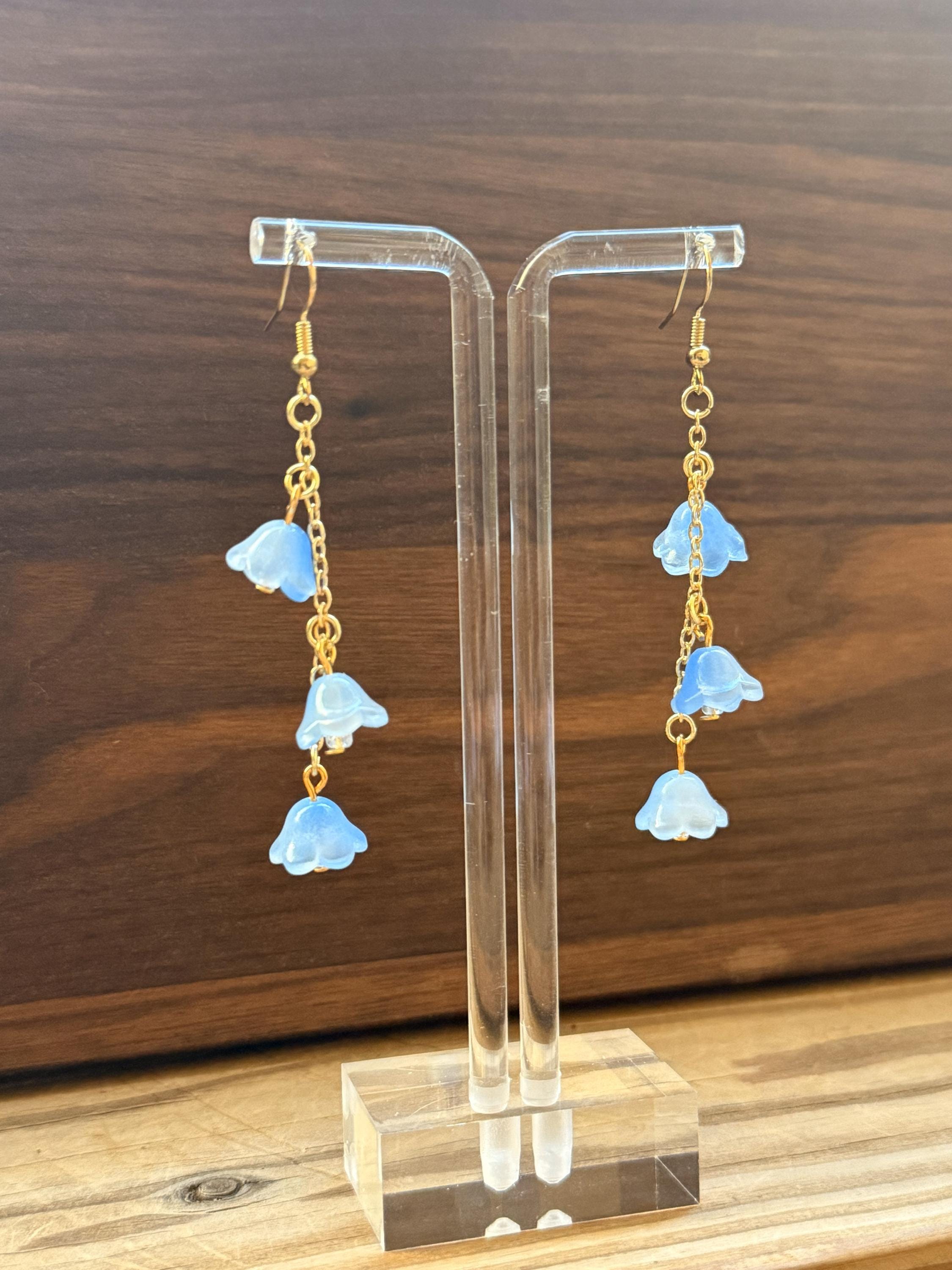 Fairycore Floral Earrings – Delicate Blue Blooms on Gold Chains for Spring & Everyday Magic