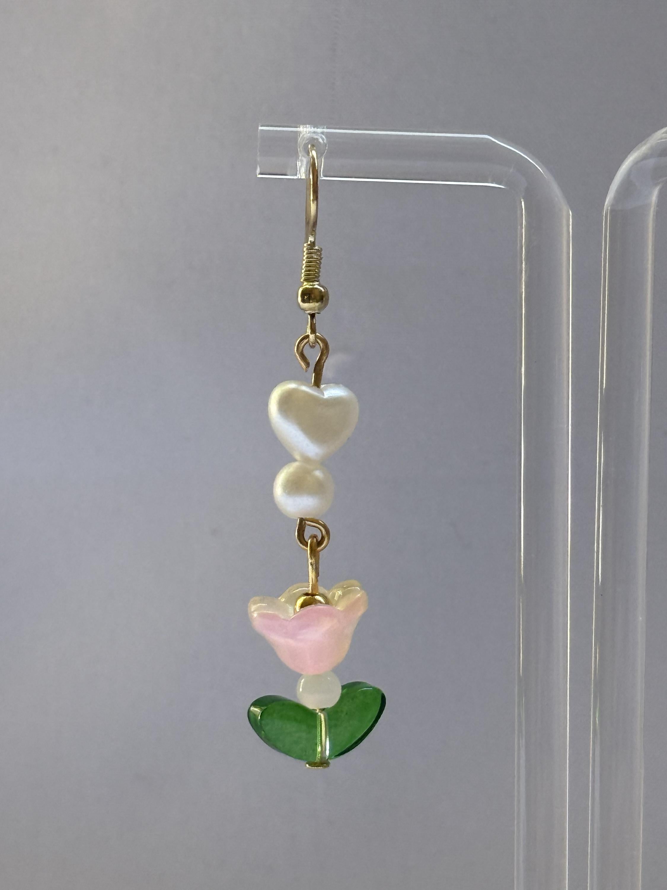 Garden Bloom Earrings – White Hearts & Pink Flower Beads with Green Leaf Accent
