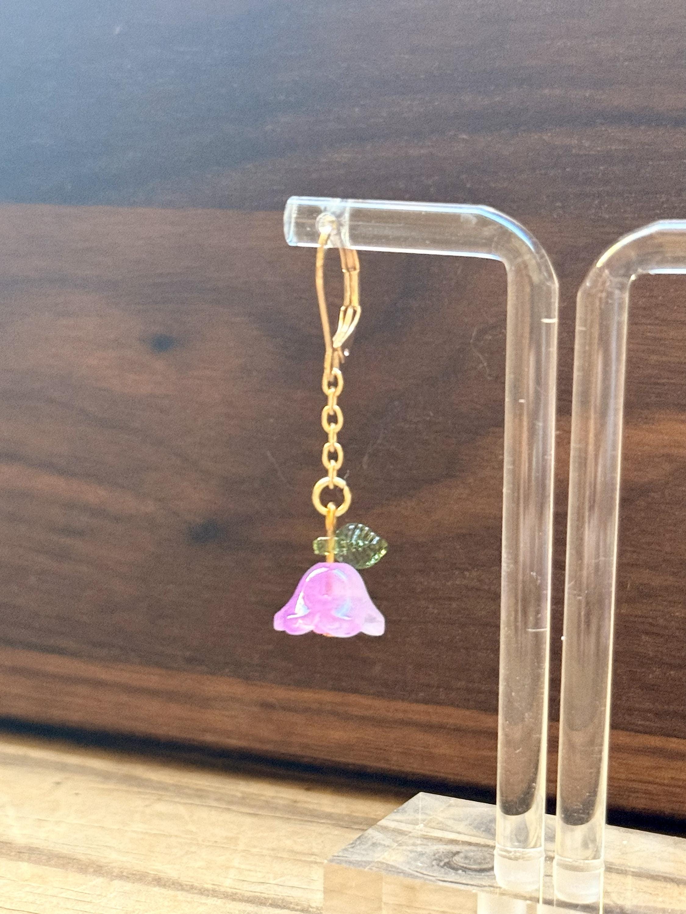 Botanical Drop Earrings – Delicate Floral Dangles with Gold Hooks & Green Leaf Detail