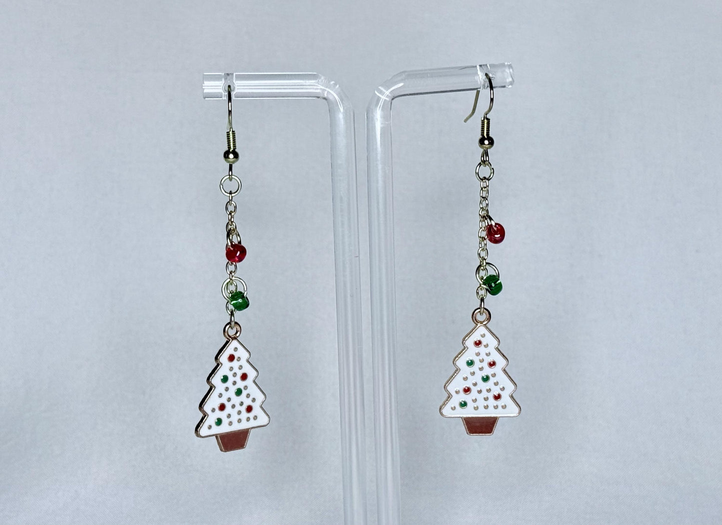 White Christmas Tree Dangly Earrings : Holiday Earrings