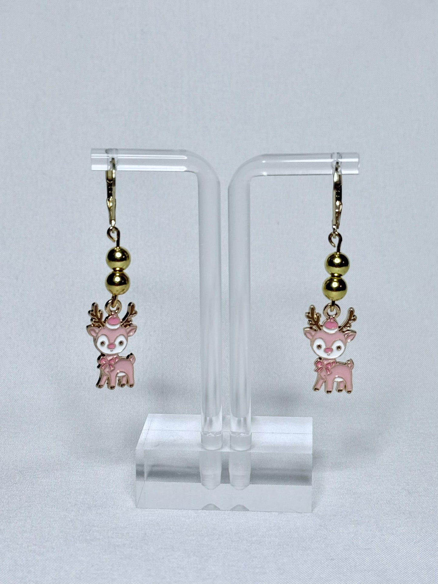 Pink Christmas Reindeer Dangly Earrings : Holiday Earrings