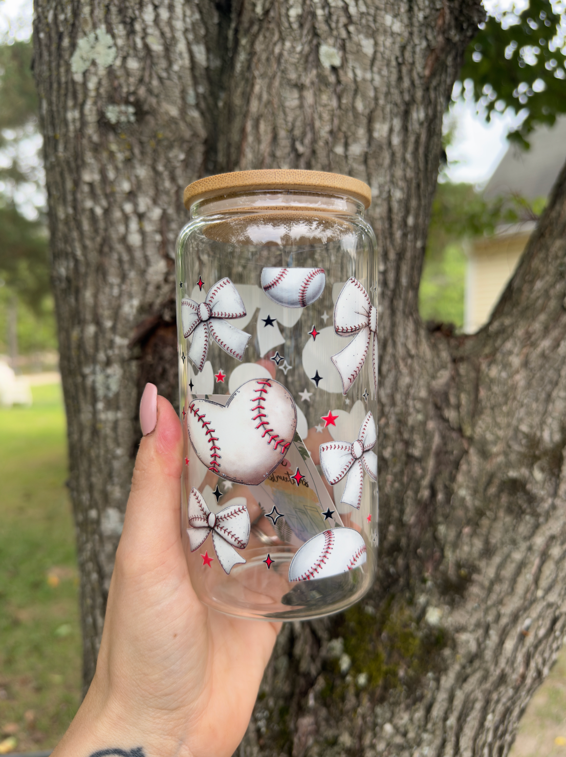 Baseball Bow 16 oz Glass Can w/ Straw