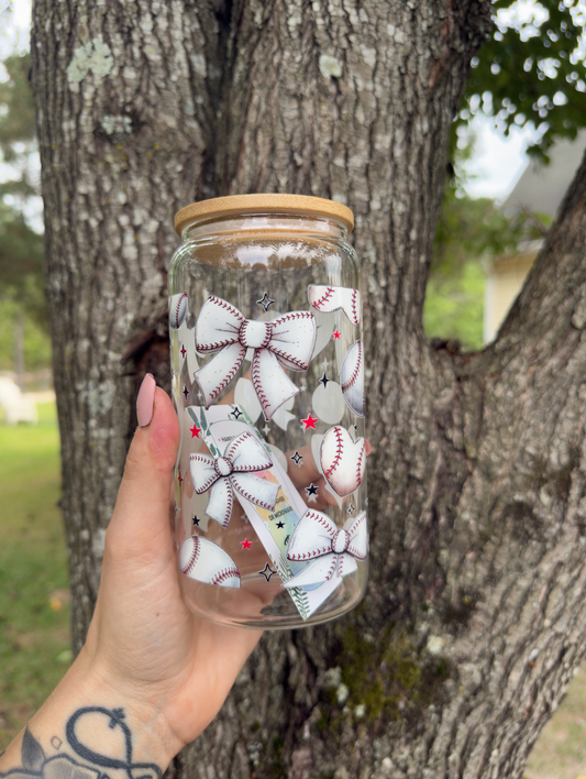 Baseball Bow 16 oz Glass Can w/ Straw
