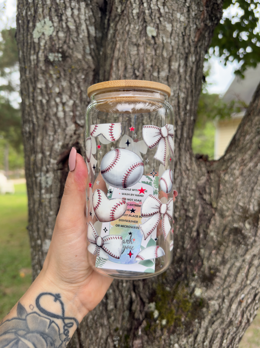 Baseball Bow 16 oz Glass Can w/ Straw