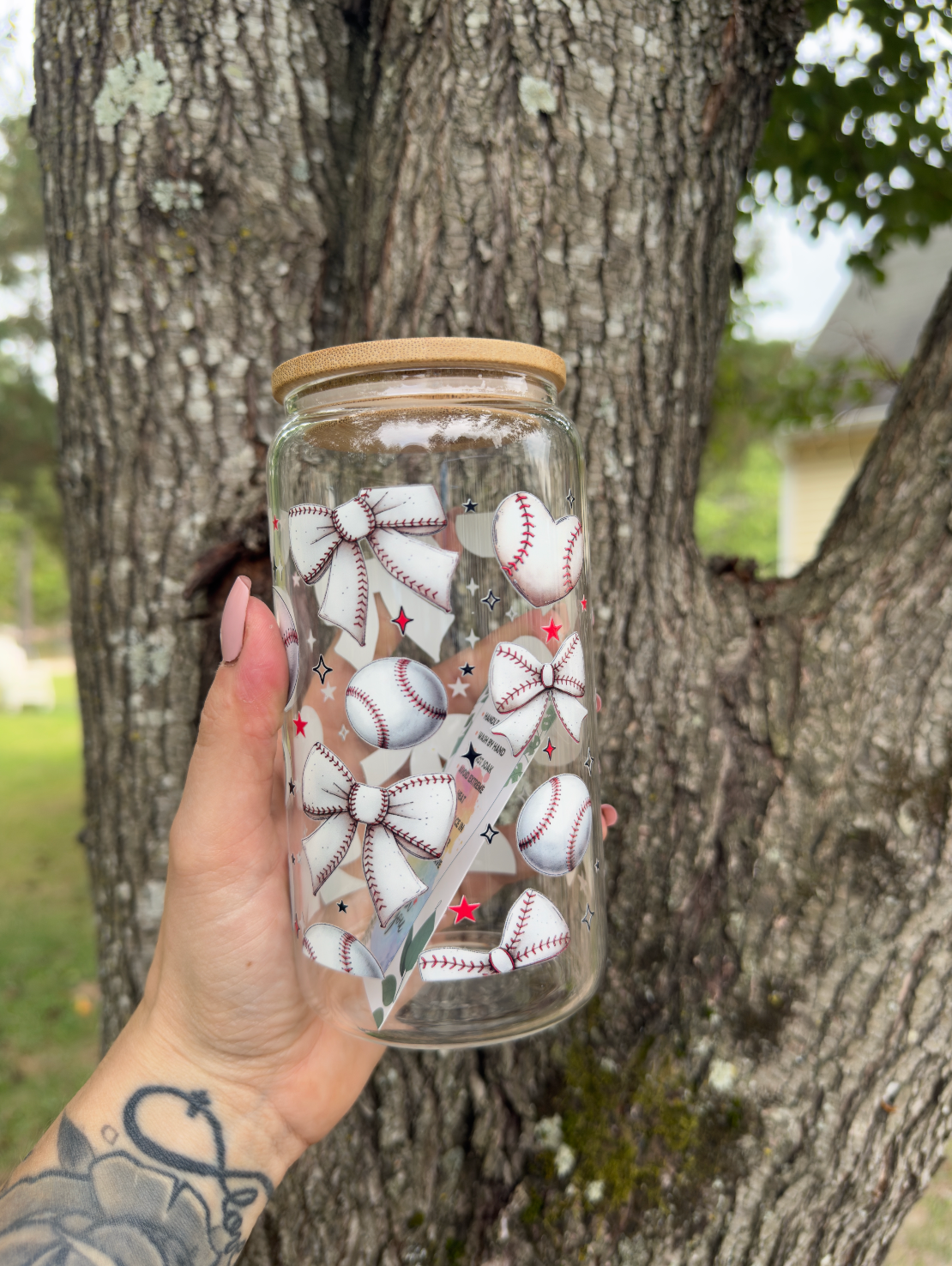 Baseball Bow 16 oz Glass Can w/ Straw