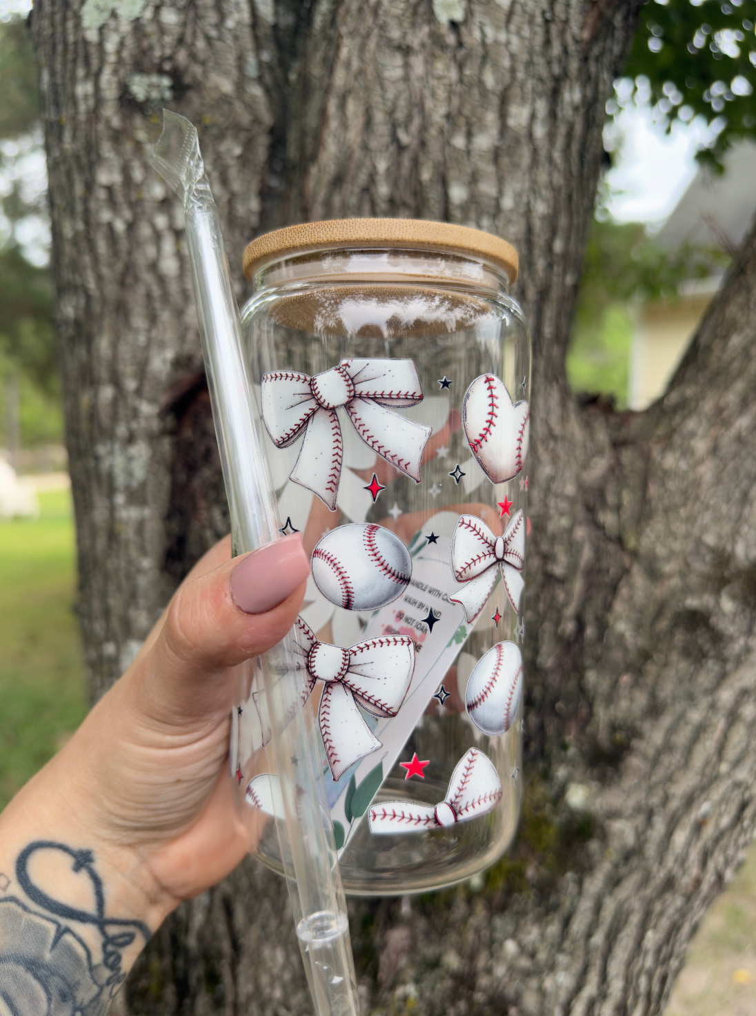 Baseball Bow 16 oz Glass Can w/ Straw