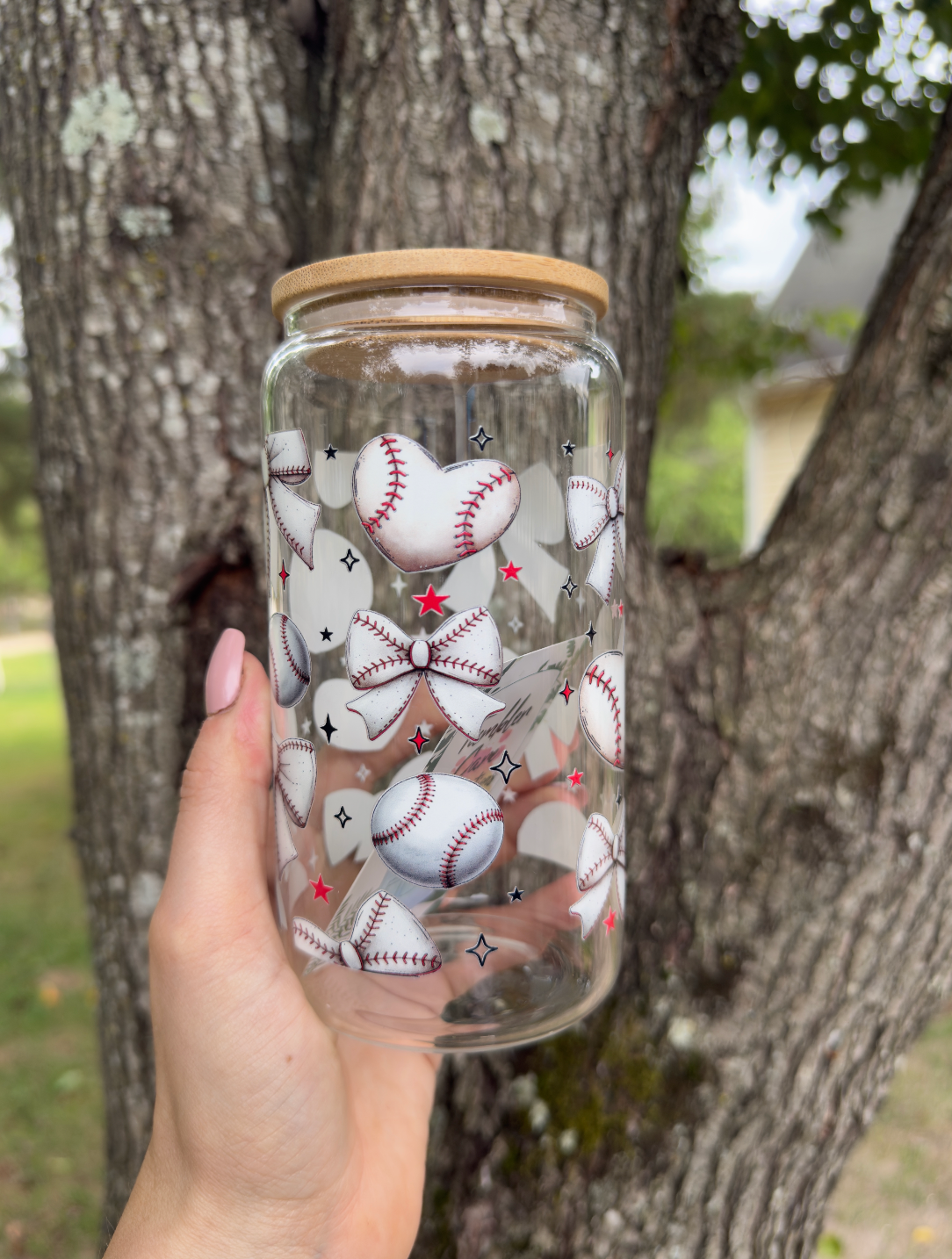 Baseball Bow 16 oz Glass Can w/ Straw