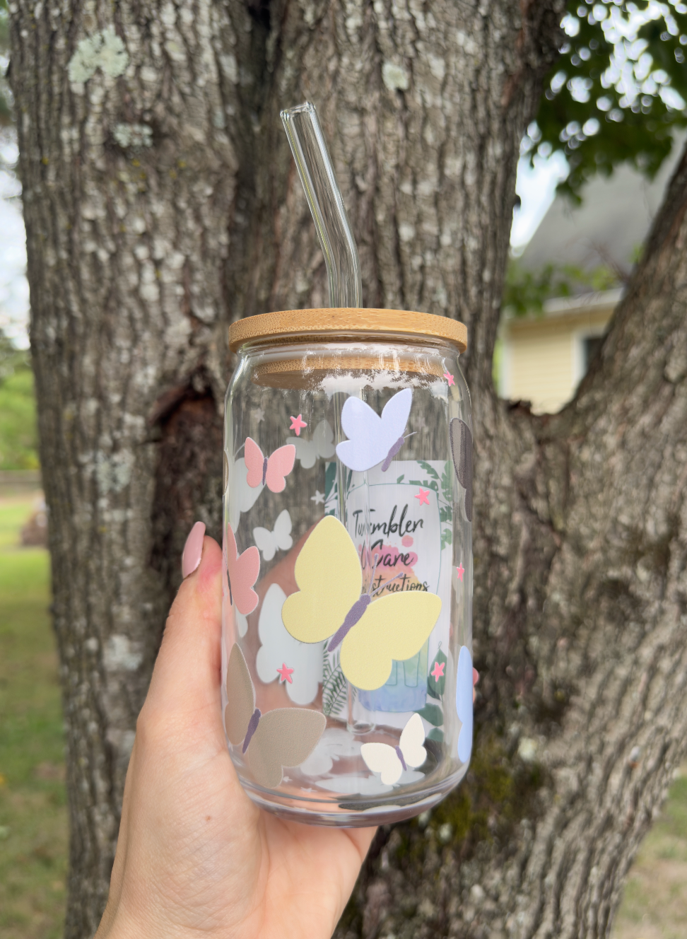 Butterflies 16 oz Glass Can w/ Straw