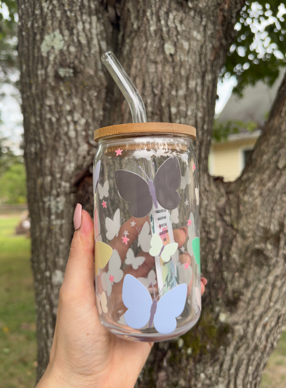 Butterflies 16 oz Glass Can w/ Straw