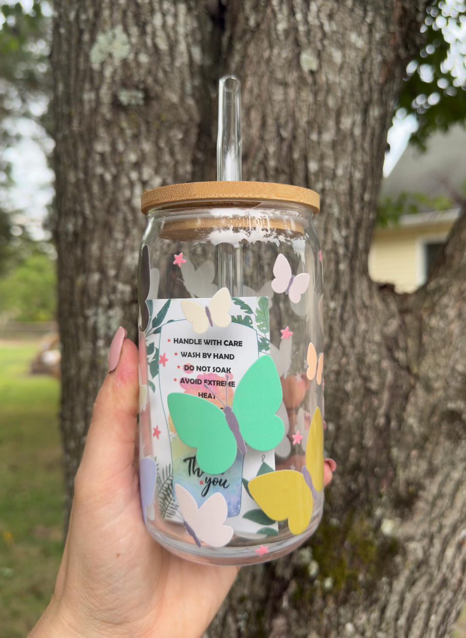 Butterflies 16 oz Glass Can w/ Straw