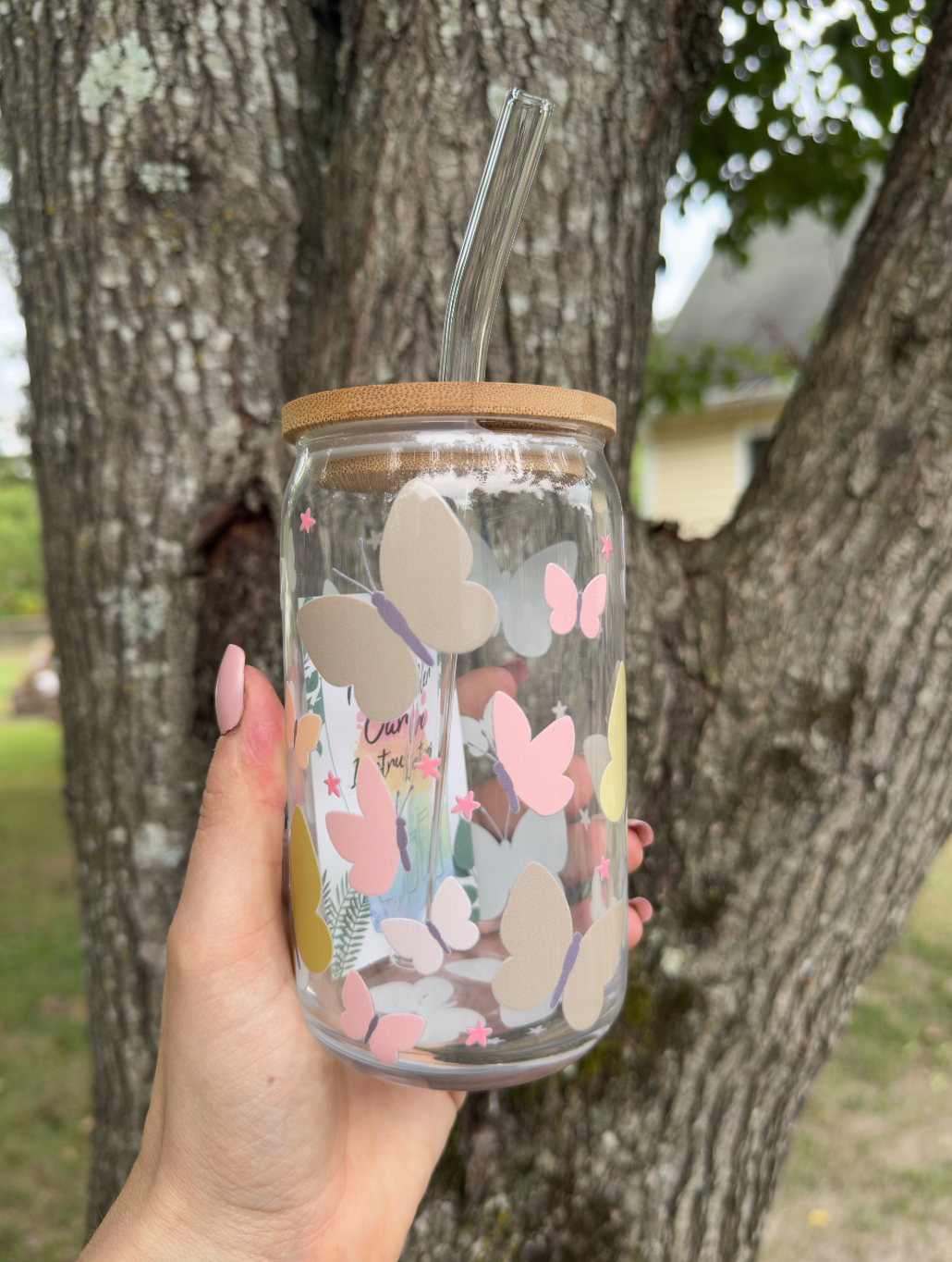 Butterflies 16 oz Glass Can w/ Straw
