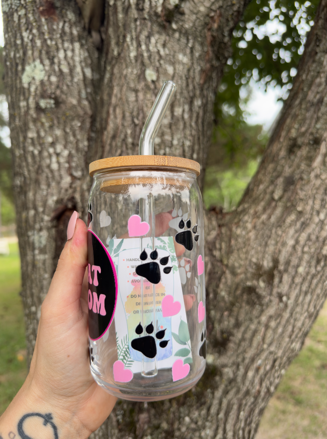 Cat Mom 16 oz Glass Can w/ Straw