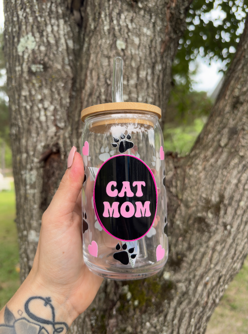 Cat Mom 16 oz Glass Can w/ Straw