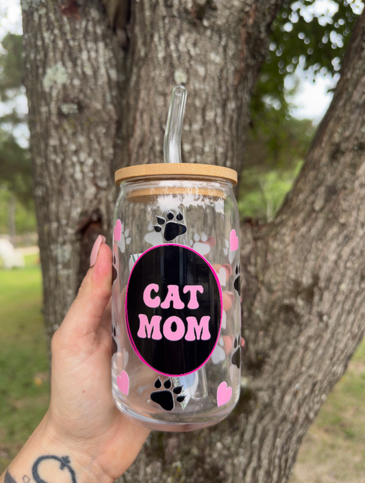 Cat Mom 16 oz Glass Can w/ Straw