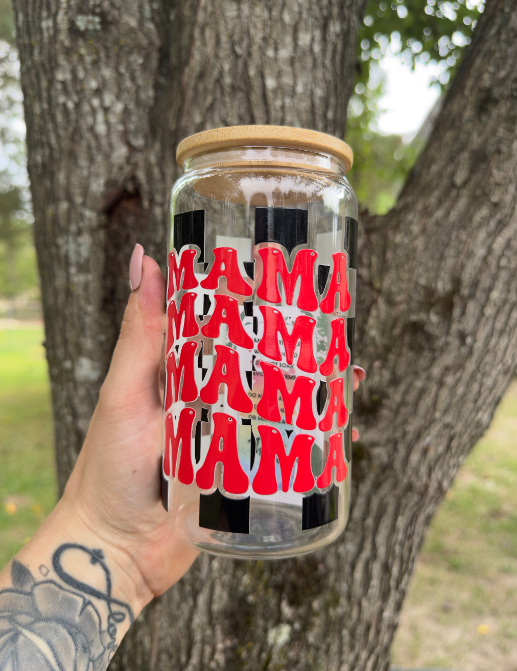 Checkered Mama 16 oz Glass Can w/ Straw