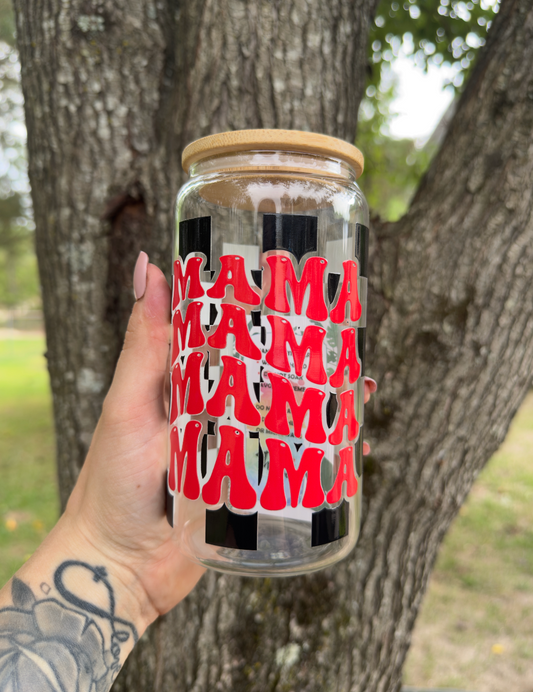 Checkered Mama 16 oz Glass Can w/ Straw