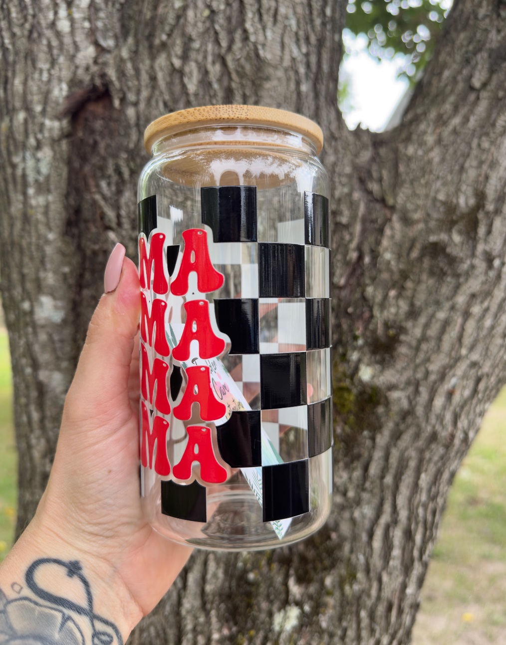 Checkered Mama 16 oz Glass Can w/ Straw
