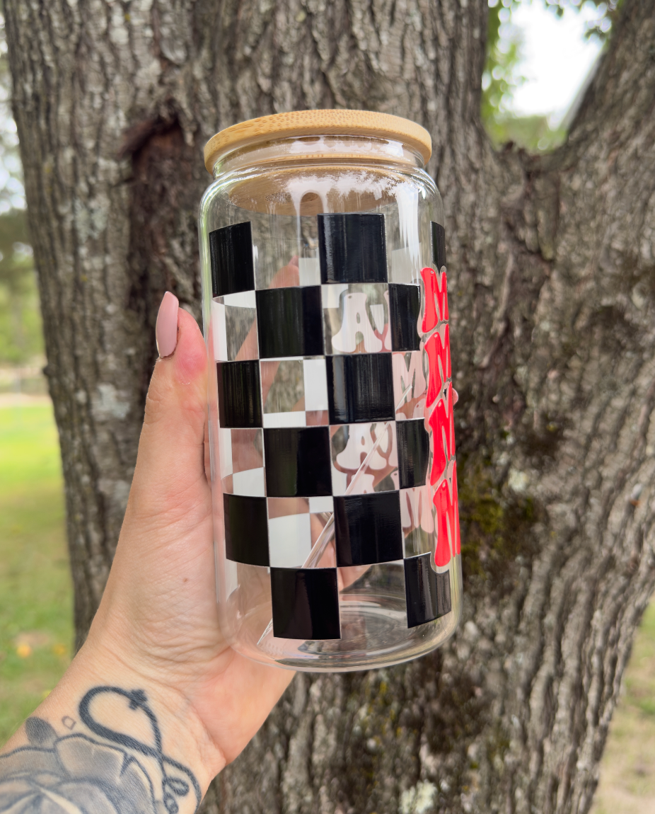 Checkered Mama 16 oz Glass Can w/ Straw