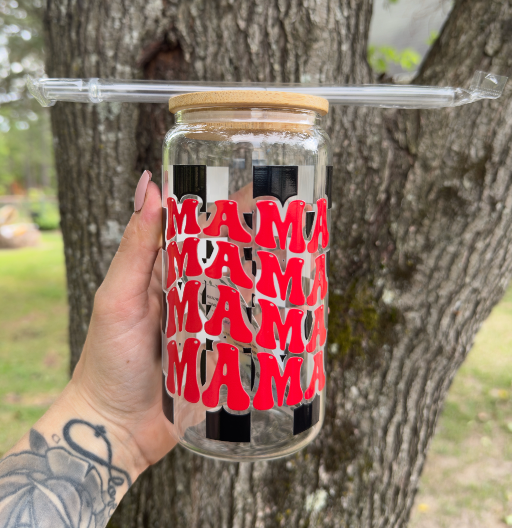 Checkered Mama 16 oz Glass Can w/ Straw