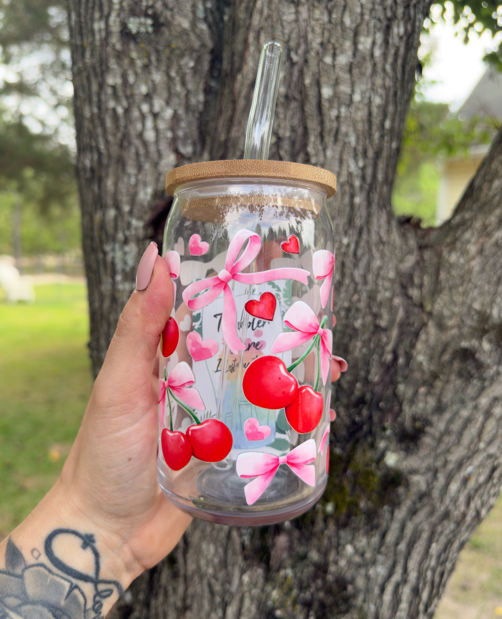 Cherry Bows 16 oz Glass Can w/ Straw