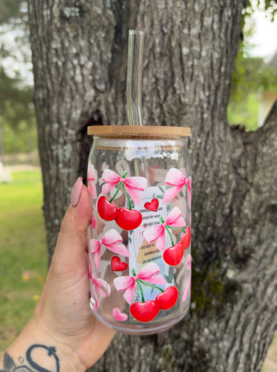 Cherry Bows 16 oz Glass Can w/ Straw