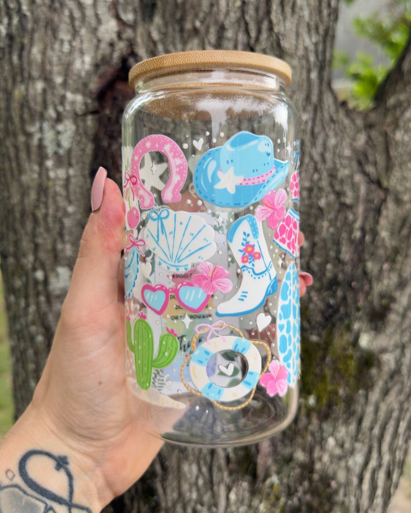 Coastal Cowgirl 16 oz Glass Can w/ Straw