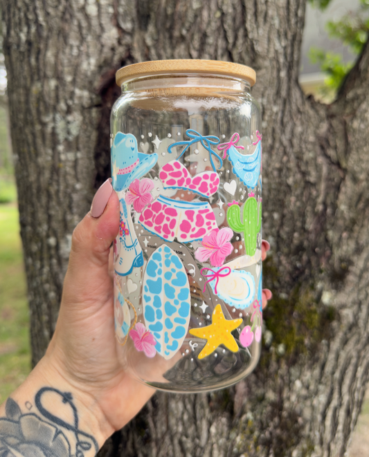 Coastal Cowgirl 16 oz Glass Can w/ Straw