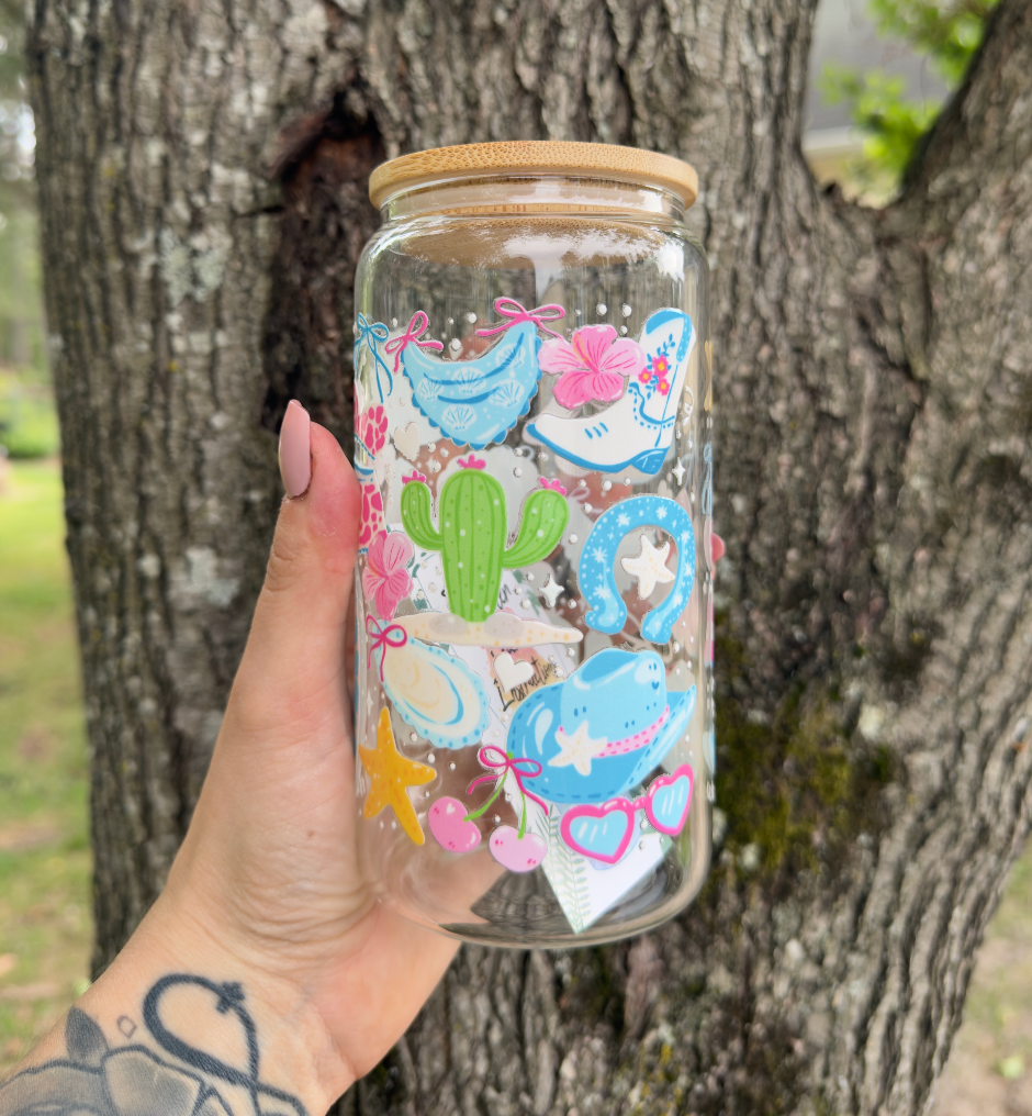 Coastal Cowgirl 16 oz Glass Can w/ Straw