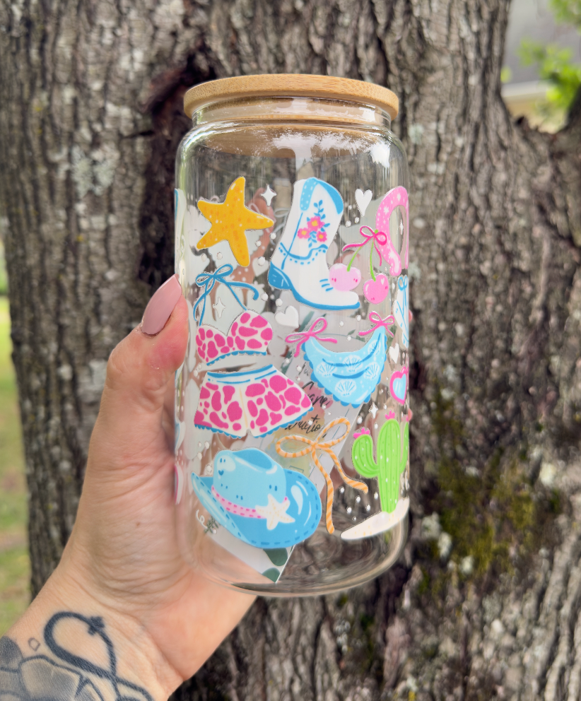 Coastal Cowgirl 16 oz Glass Can w/ Straw