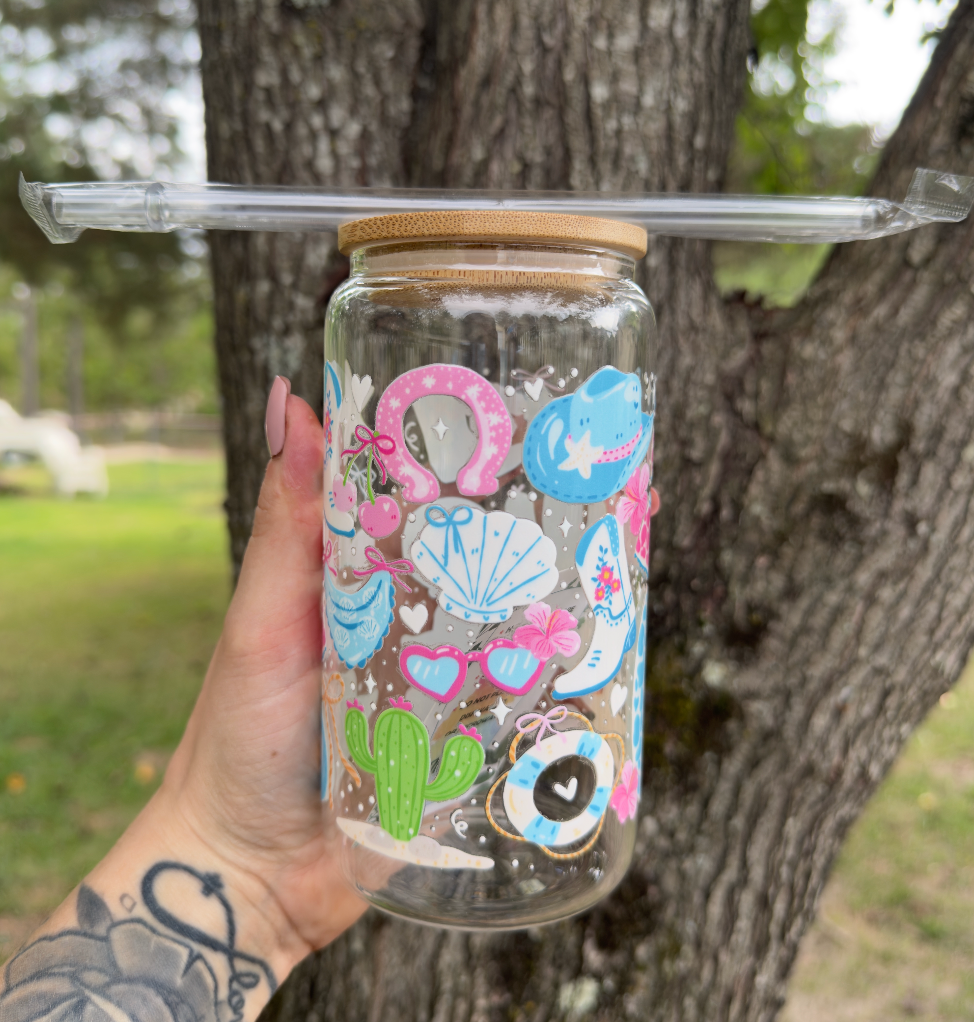 Coastal Cowgirl 16 oz Glass Can w/ Straw