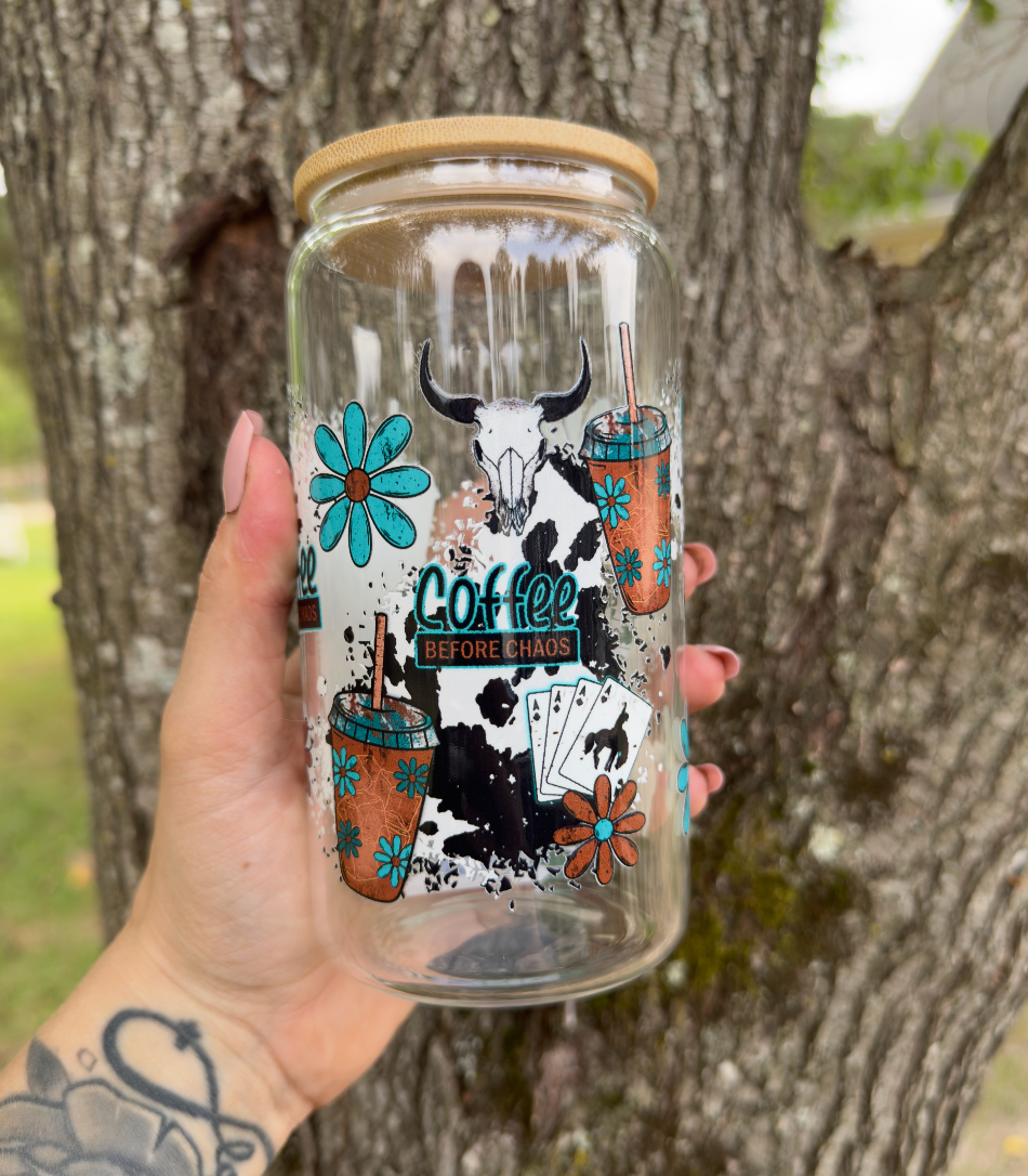 Coffee Before Chaos 16 oz Glass Can w/ Straw