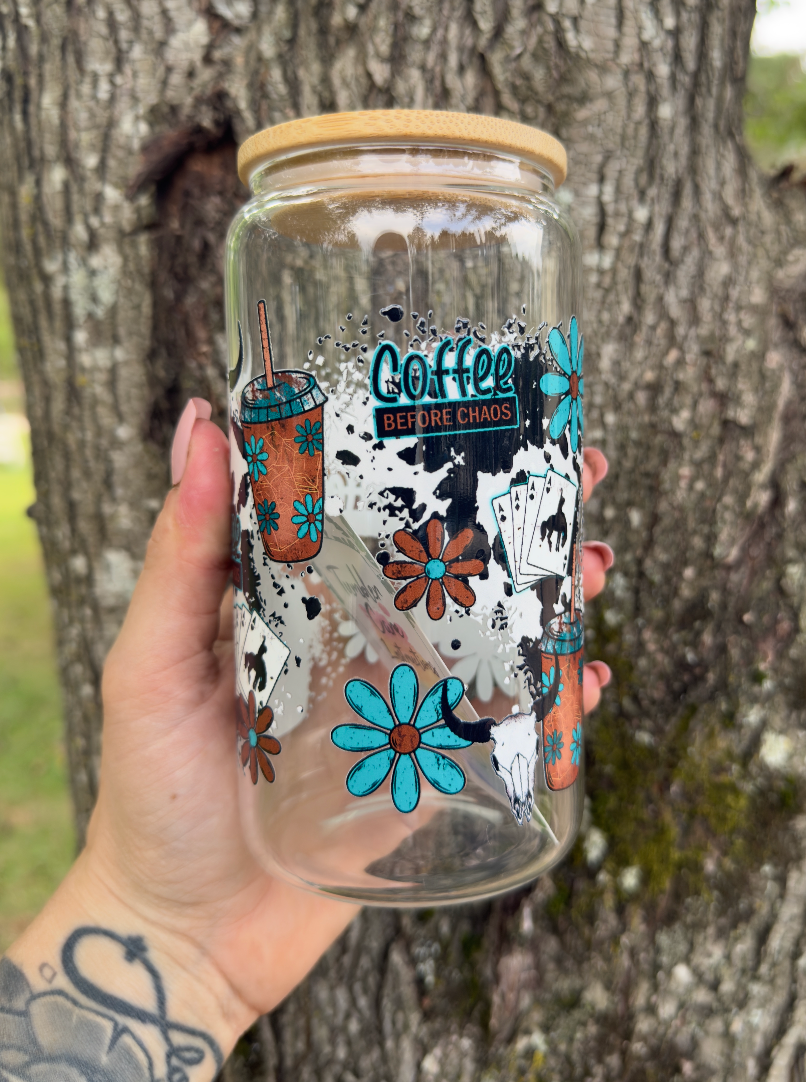 Coffee Before Chaos 16 oz Glass Can w/ Straw