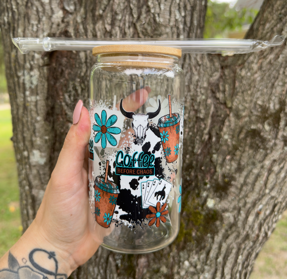 Coffee Before Chaos 16 oz Glass Can w/ Straw