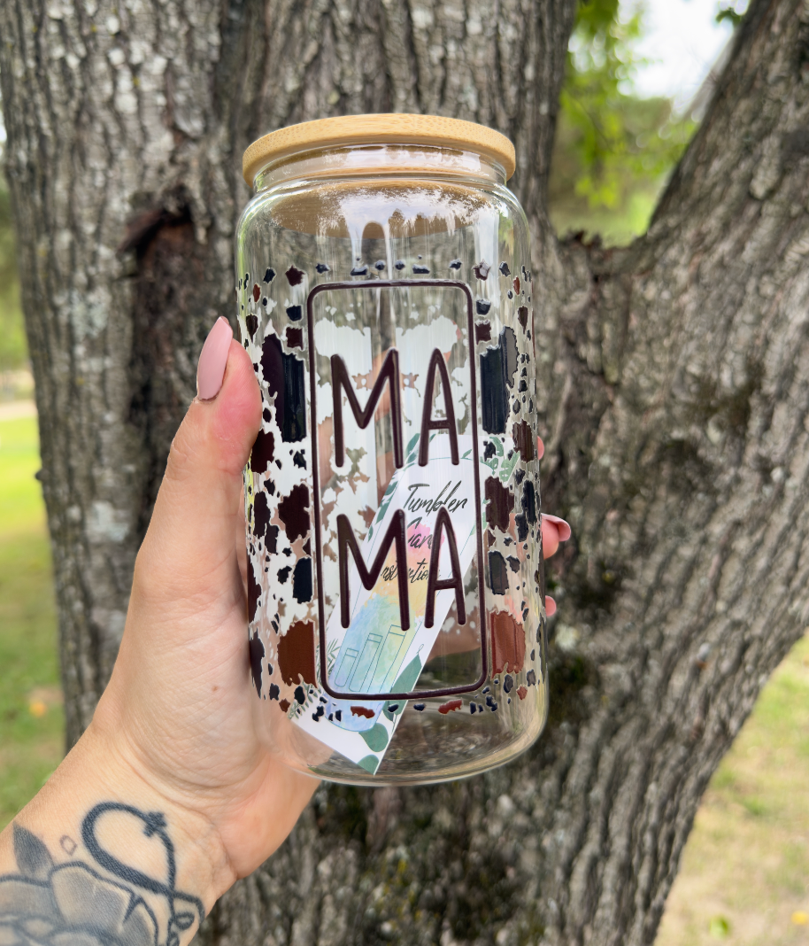 Cowprint MAMA 16 oz Glass Can w/ Straw