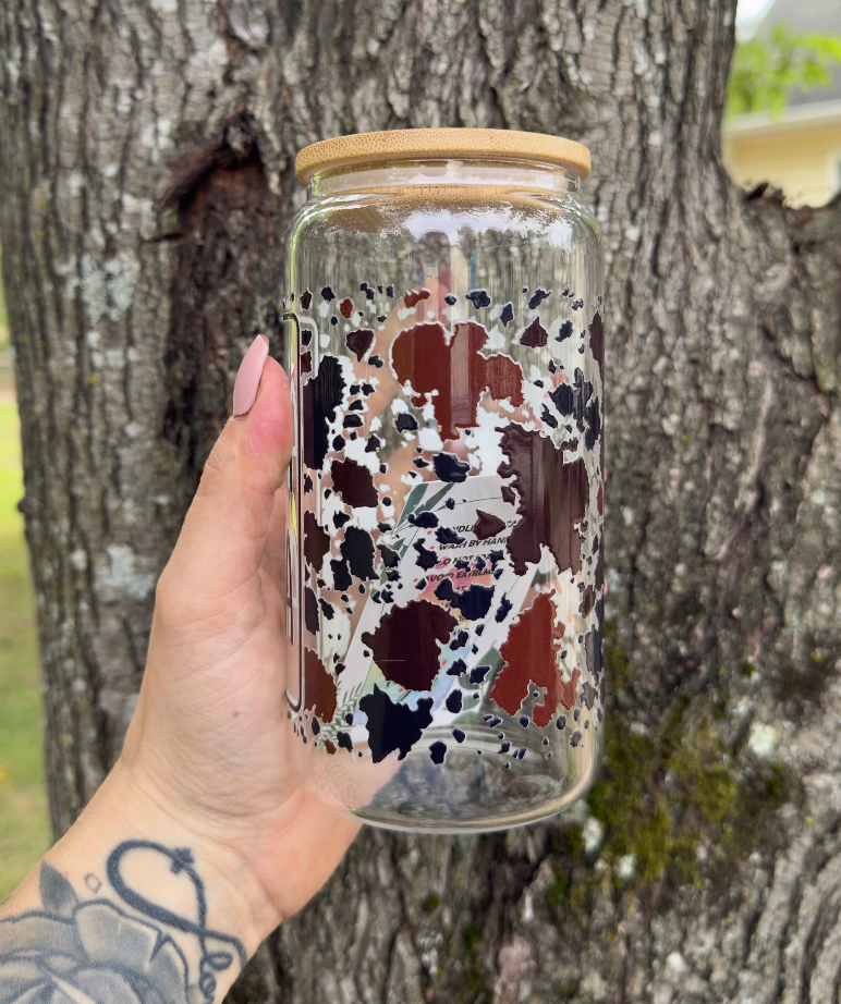 Cowprint MAMA 16 oz Glass Can w/ Straw