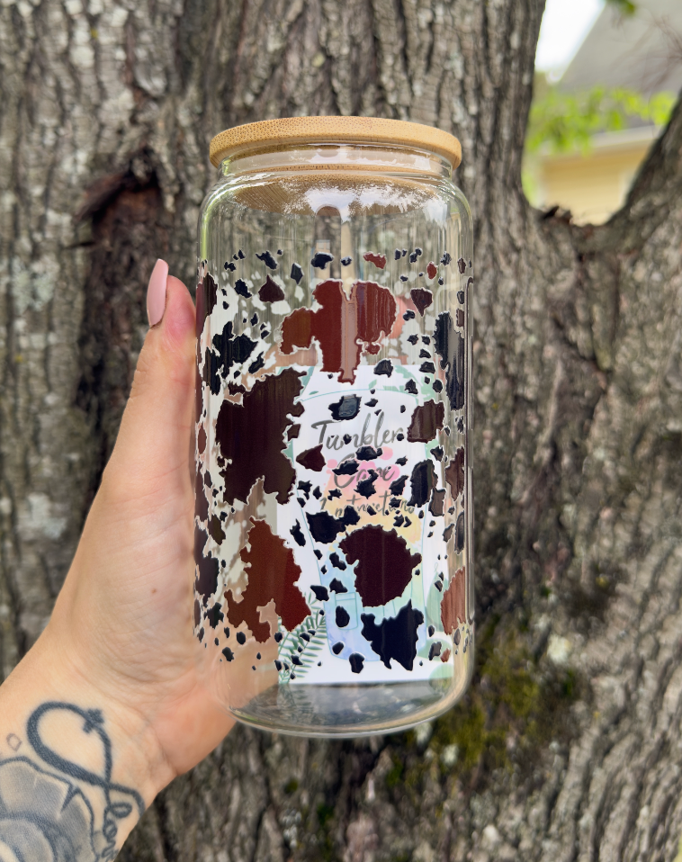Cowprint MAMA 16 oz Glass Can w/ Straw