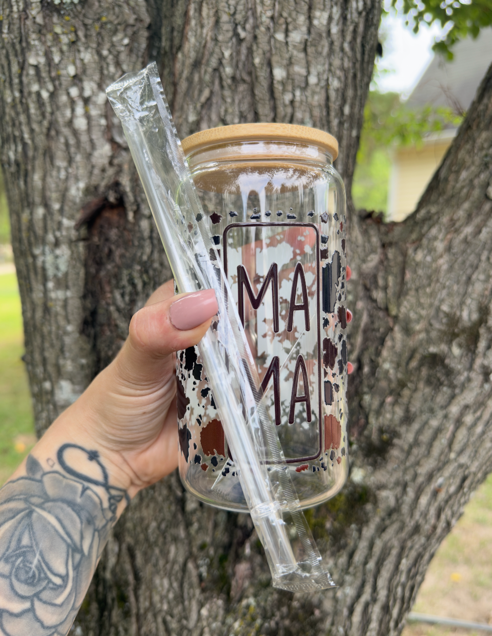 Cowprint MAMA 16 oz Glass Can w/ Straw