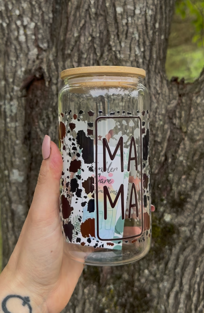 Cowprint MAMA 16 oz Glass Can w/ Straw