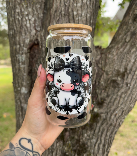 Cow with Bow 16 oz Glass Can w/ Straw